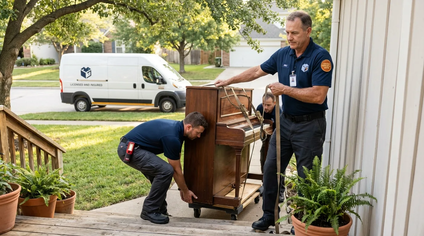 Licensed piano movers securing grand piano in Seneca, SC