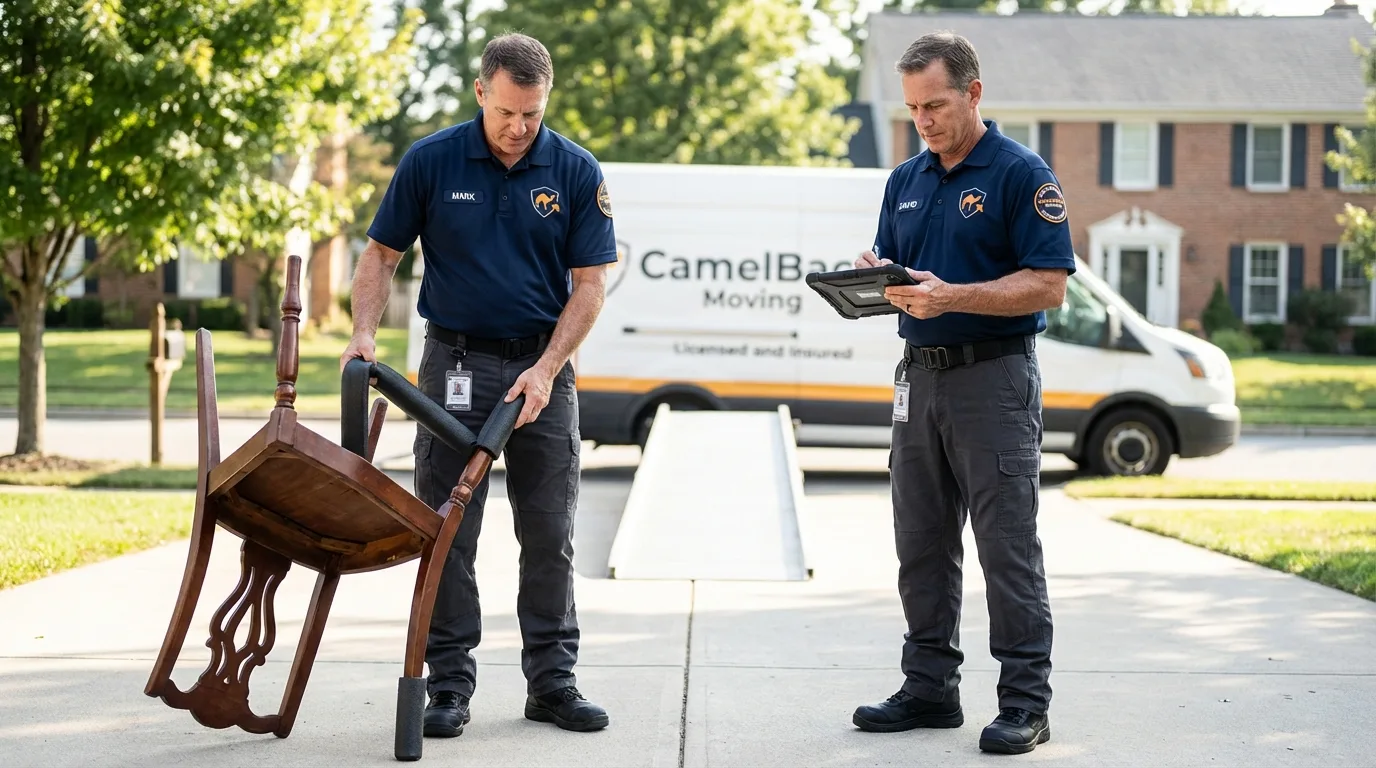 Movers inspecting furniture for damage prevention before loading in Seneca, SC