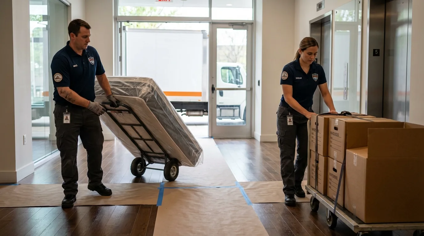 Professional apartment movers loading elevator in Seneca, SC